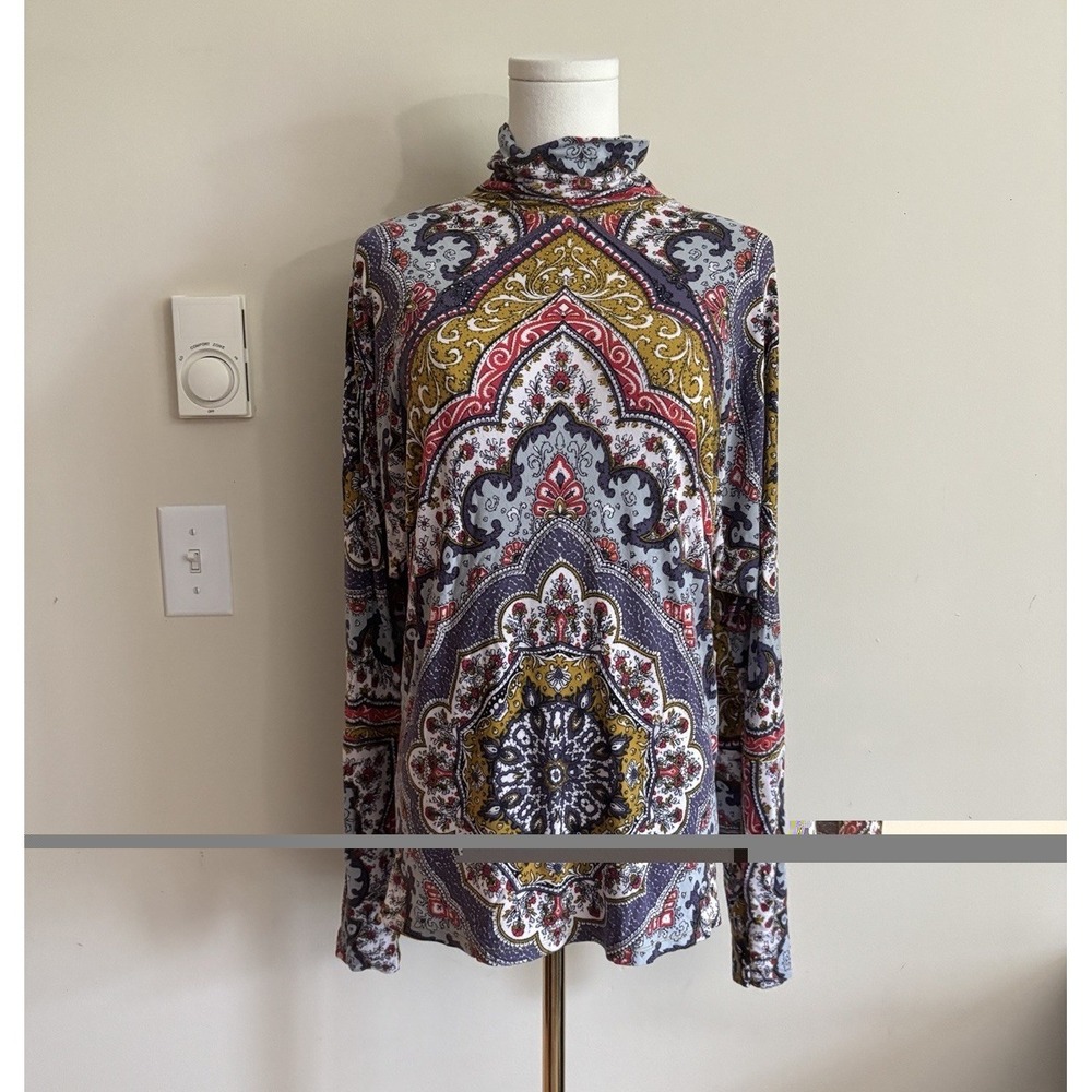 Free People Boho Hippie Paisley Chase Me Long Sleeve Mock Neck Top Medium Floral